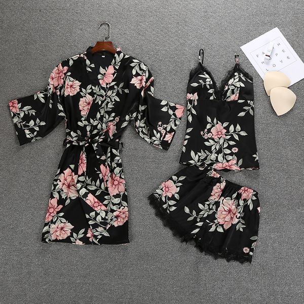 

ladies silk satin sleepwear set 3 pieces robe+slip shorts floral bathrobe set fashion nightwear sleepwear for women, Blue;gray