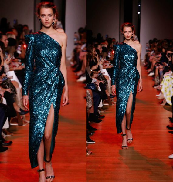 Abiti da sera Elie Saab Una spalla manica lunga spacco laterale caviglia paillettes abito da ballo abito da festa 2019 nuovo stile autunno inverno abiti