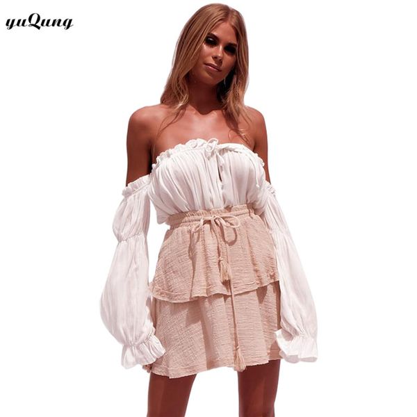 

yuqung ladies off shoulder long sleeve slash neck ruffles blouse women elegant crop cotton shirt and blouses white