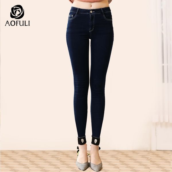 

aofuli fashion plus size denim jeans women zipper pocket pants blue long trousers skinny denim leggings l- xxxl 4xl 5xl a3781