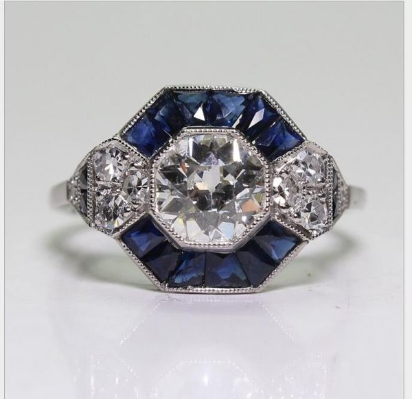

european and american luxury blue z square ring, Silver