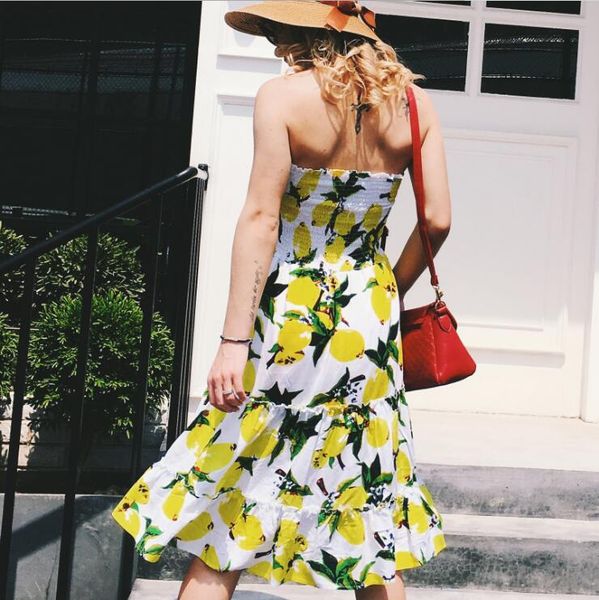 

fashion wear european lady trip dress holiday strapless off shoulder lemon floral print beach long dress, Black;gray