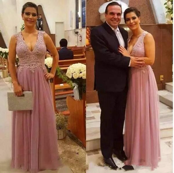 

Pink Long Mother of the Bride Dress V Neck Lace Chiffon Elegant Floor Length 2018 Wedding Guest Dress Evening Formal Party Gowns