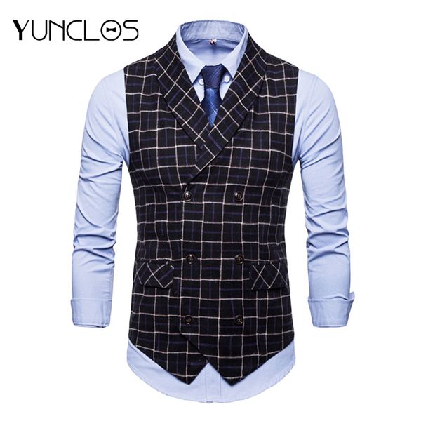 

yunclos 2048 new plaid printed mens waistcoats vests slim double-breasted men wedding party vests coletes chaleco hombre, Black;white