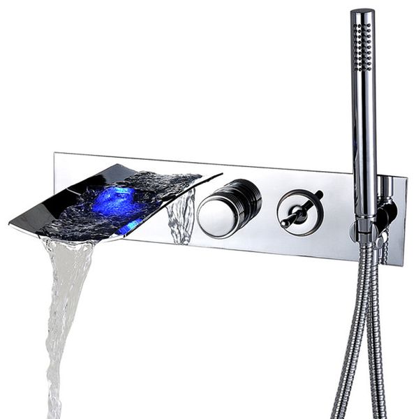 Rolya LED Waterfall Настенный смеситель для ванны Освещение на водной основе Смесители для купания с ручным душем Chrome