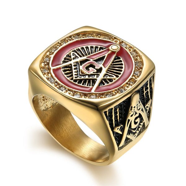 Einzigartiges Design, Freemaoson-Freimaurerringe, Past-Master-Ring mit Kristallsteinen, roter Emaille-Sonnenumrandung, religiöser Ring