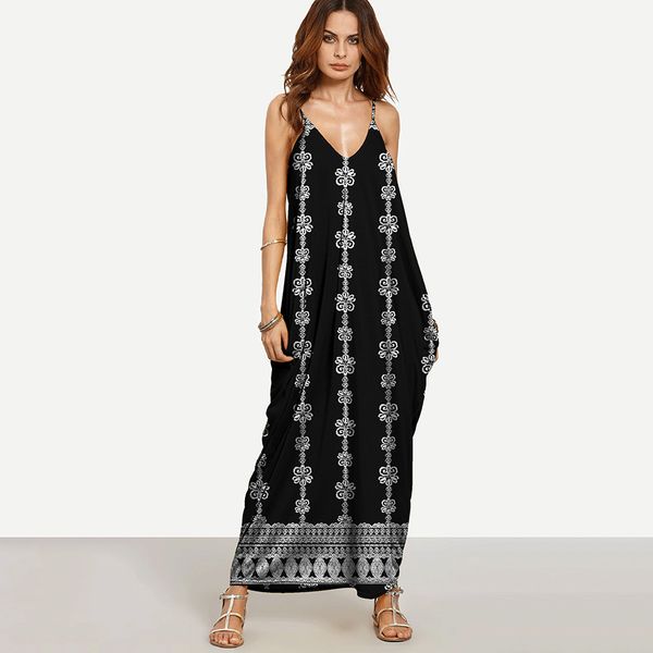 

women long dress mid-calf bohemia beach print v neck sleeveless casual loose plus size - 2xl spring autumn fashion clothes, Black;pink