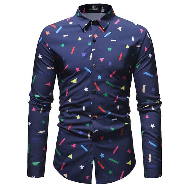 

fashion geometric print slim fit long sleeve shirt men 2018 spring autumn new casual button down dress shirt for business man, White;black