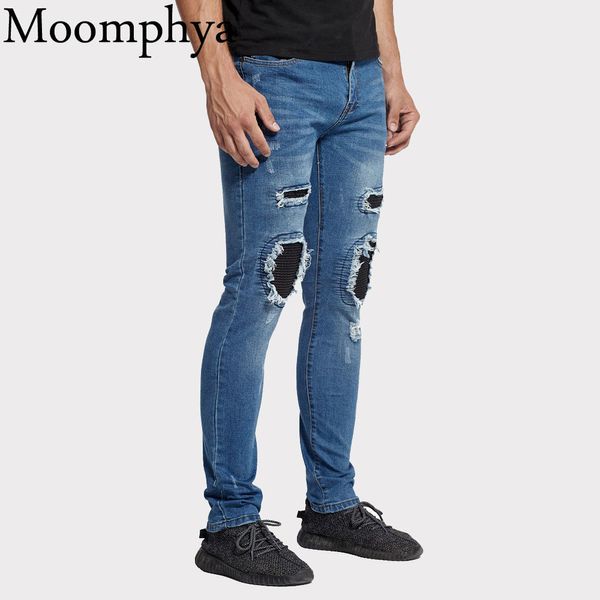 

2018 men stretchy distressed ripped holes biker jeans pleated patchwork slim skinny hip hop jeans men streetwear blue