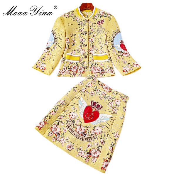 

moaayina fashion designer runway autumn skirt suit women 3/4 sleeve heart shaped floral print coat+skirts elegant two piece set, Gray