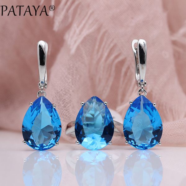 

pataya new jewelry set true white gold water drop natural zircon blue earrings rings sets women fashion wedding party noble set, Silver