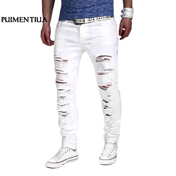 

puimentiua mens solid ripped jeans black white casual long jeans trousers male denim pants streetwear 2018 spijkerbroeken heren, Blue
