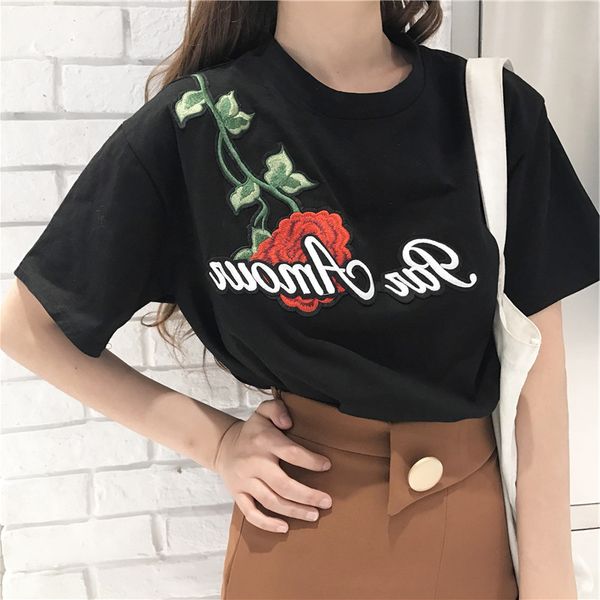 

zsiibo 2018 новая мода женщины лето роза вышивка большой размер корейский harajuku письма персонализированные с коротким рукавом футболки wt, White