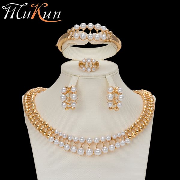 

mukun fashion turkish jewelry sets for women pearl necklace nigerian beads jewelry set for weddings bridal valentines day gift, Silver