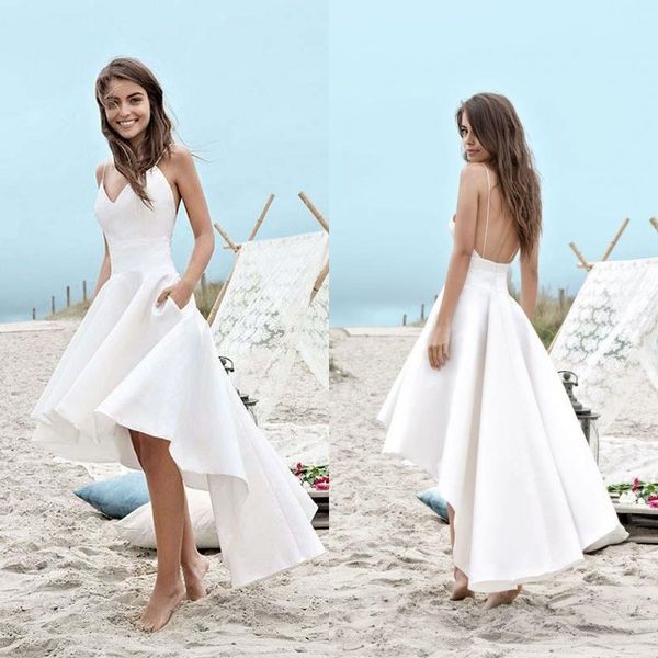 2019 Günstige Strandhochzeitskleider A-Linie, schlichtes Design, informelle Brautkleider, Spaghettiträger, rückenfrei, hoch niedrig, Brautkleid, Brautjungfernkleid