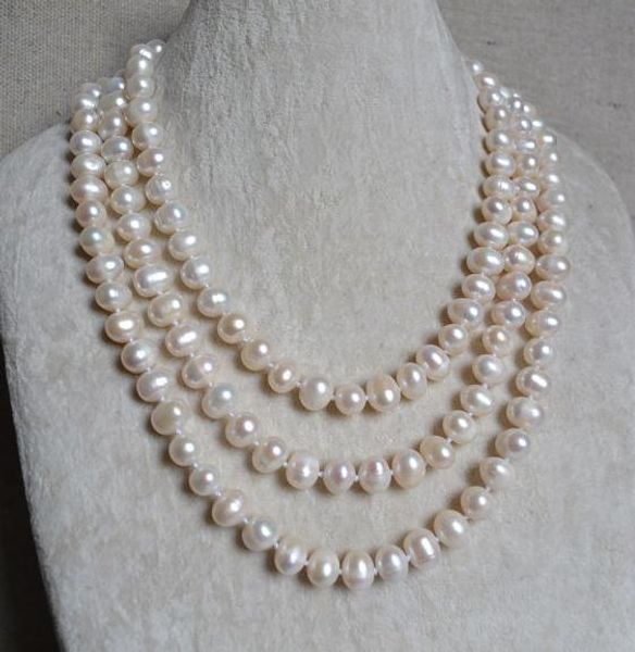 100 % natürlicher Perlenschmuck, weiße Farbe, 152,4 cm lange Perlenkette, 9 x 11 mm echte Süßwasserperlen-Halskette, Brautjungfern-Geschenk für Frauen