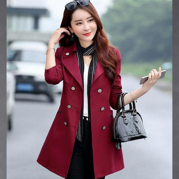 

yauamdb women trench spring autumn -3xl ladies double breasted coat female solid pockets outerwear slim long windbreake ly58, Tan;black