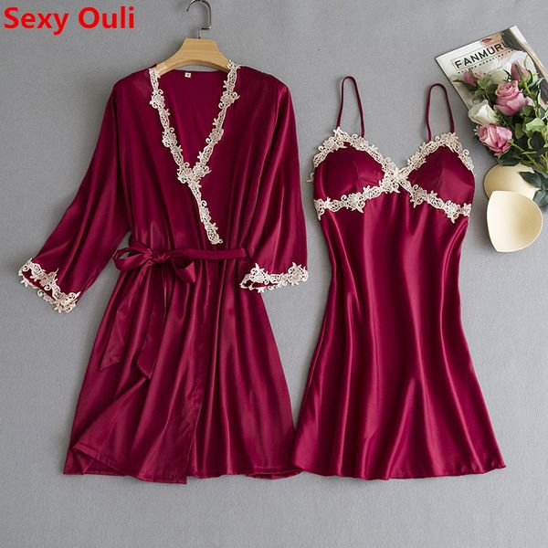 

women's pajamas lace trim silk robe & gown set suspender + bathrobe 2pcs kimono sleepwear set nocturnal female sleep lounge, Black;red