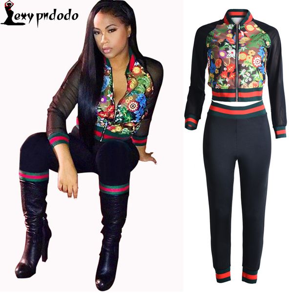 

survetement femme marque 2016 2 pc set women long sleeve autumn black bodysuit woman sets flores crop pants two piece set vs, White