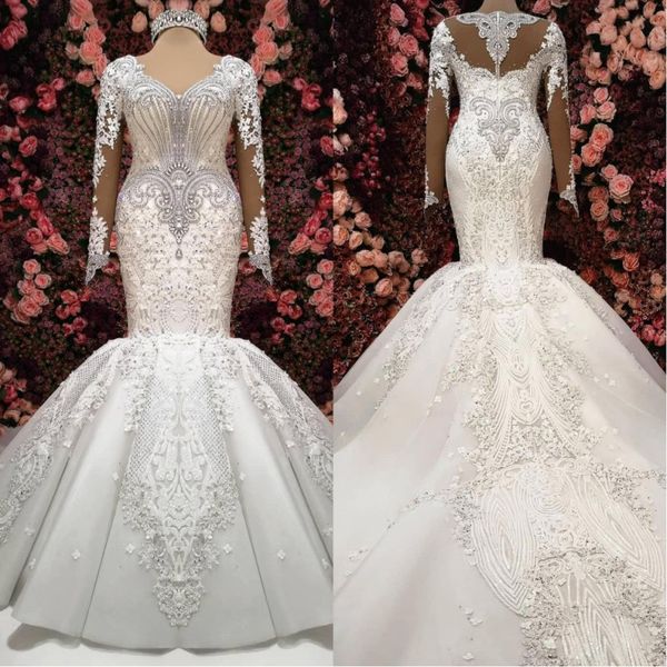 

2020 luxurious white see through mermaid wedding dresses long sleeves appliques beaded crystals bridal gowns bc0252