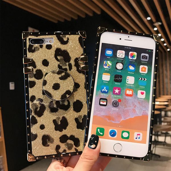 

one piece leopard print square cases for iphone xs max xs xr with grip stand holder back cover for iphone 6 7 8 plus x