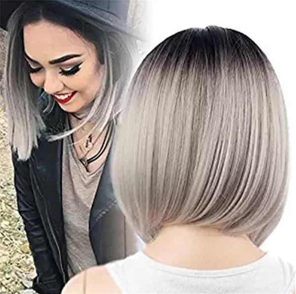 Ombre Grey Glueless Lace Front Human Hair Wigs Black Roots Silver