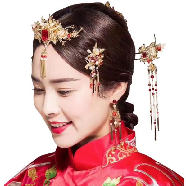 2018 neue Bräute im chinesischen Stil, antikes Kostüm, Kopfbedeckung, antike Phönixkrone, Hochzeitskleid, Accessoires, Rubin-Accessoires.
