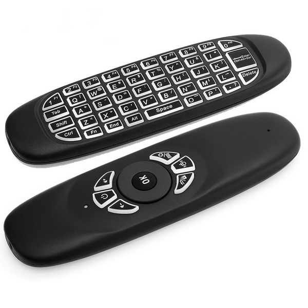 C120 Backlight Fly Air Mouse Teclado sem fio de 2,4 GHz Giroscópio de 6 eixos Jogo Handgrip Controle remoto para Android TV BOX Retroiluminado