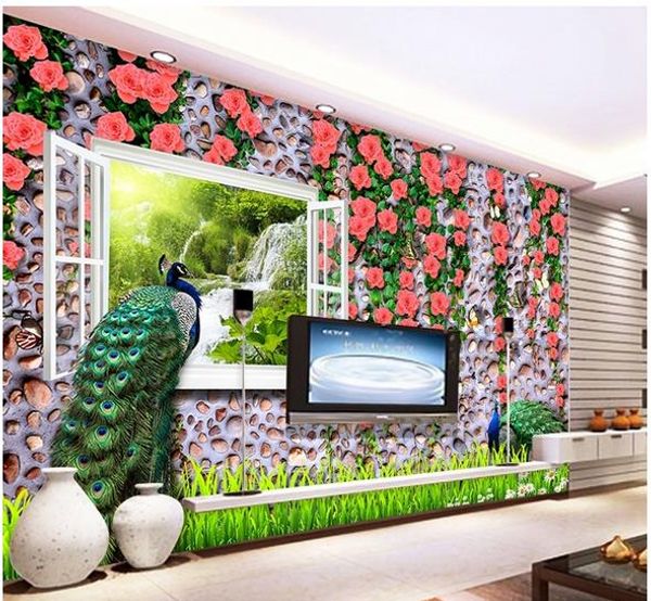 

3d rose vine peacock tv background wall modern living room wallpapers