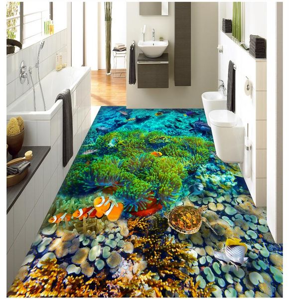 Personalizado auto-adesivo piso mural foto papel de parede subaquático peixe tropical peixes 3d piso telhas banheiro desgaste papel de parede impermeável antiderrapante
