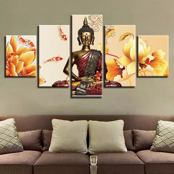 

modular canvas paintings wall art framework 5 pieces buddha statue poster hd prints lotus fish pictures home decor living room