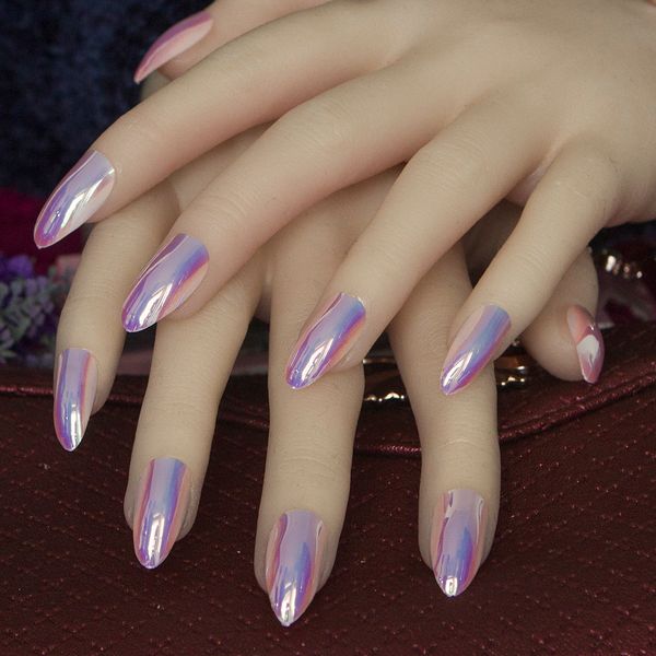 Newest Full Cover Stiletto Nails Tips Metal Purple False Nail Salon Mirror Light Blue Laser End Product Fake Nails Y18101101 Nail Sticker Nails Shop