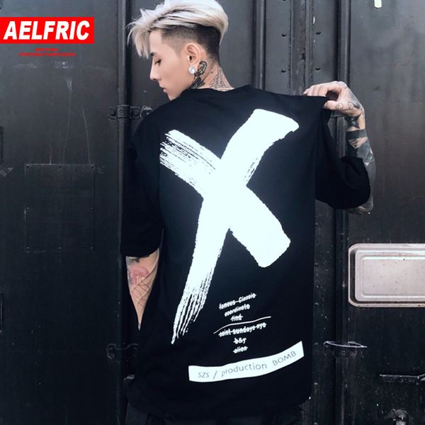 

aelfric oversize t-shirt gold white x cross letter print black t shirt streetwear men cotton hip hop swag short sleeve tee gb12, White;black