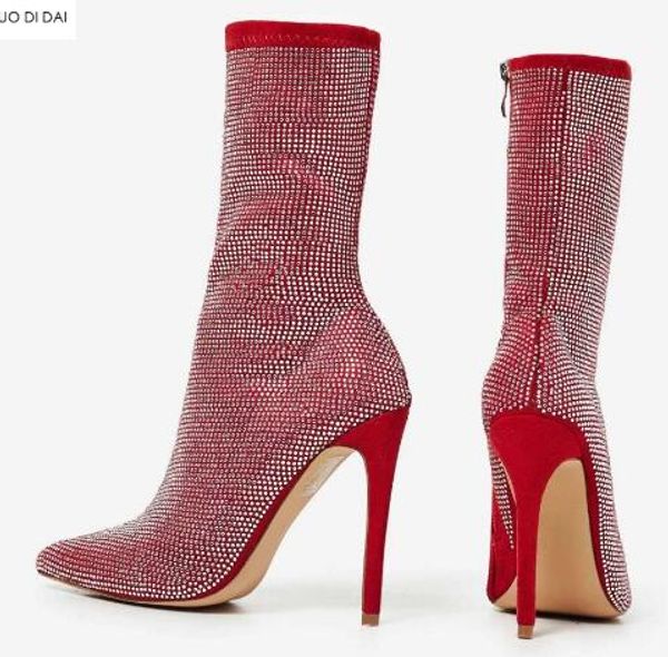 2018 neue Damen-Diamantstiefel mit Reißverschluss, Damen-Stiefeletten, dünner Absatz, volle Kristallstiefel, Damen, spitze Zehenpartie, Strass-Nieten, rote Stiefel