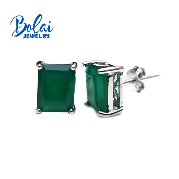 

bolaijewelry,noble elegant 925 silver stud earrings with natural green agate gemstone for women romantic gift for girl, Golden;silver