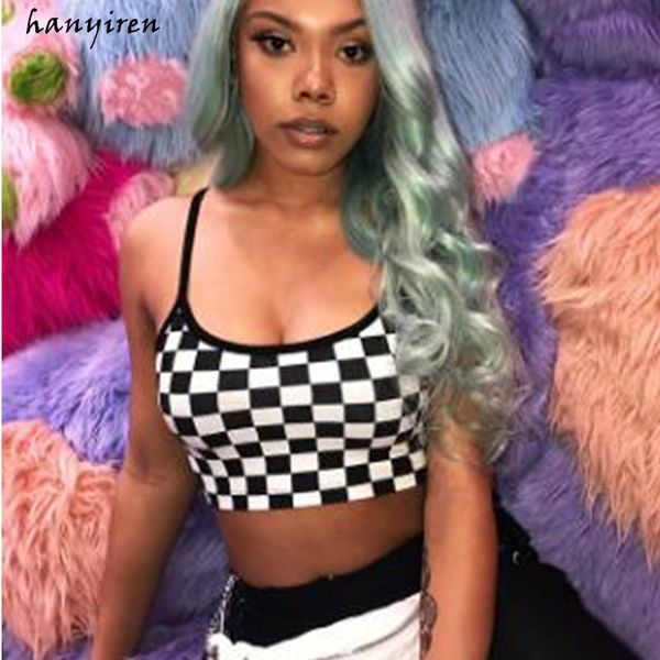 

hanyiren black and white plaid crop camisole female off shoulder summer women fashion sleeveless slim short tank
