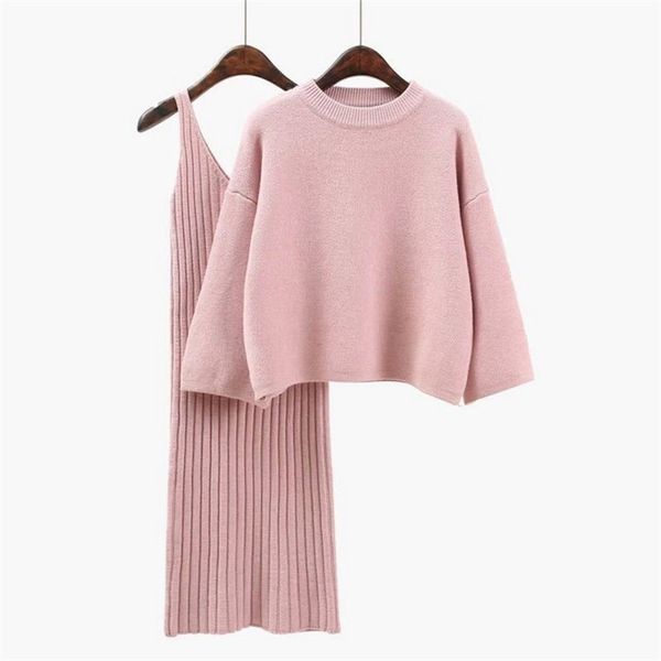 

female casual two-pieces suits solid color loose sweater knit mini dress winter 2018 autumn womans sweater+straped dress sets, White