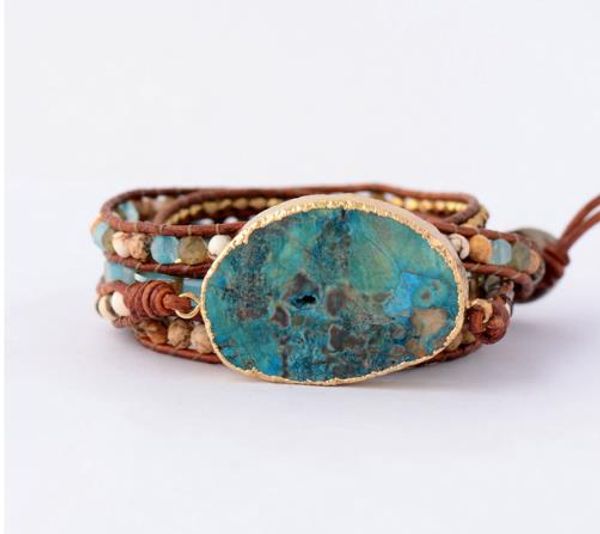 

leather bracelet unique mixed natural stones gilded stone charm 5 strands wrap bracelets handmade boho bracelet dropship, Golden;silver