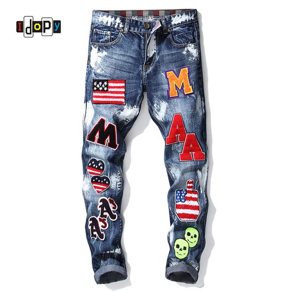 

fashion mens vintage washed painted jeans brand designer embroidery straight fit denim pants ripped jean trousers for men, Blue