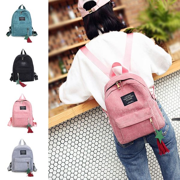 

2018 new women backpacks students school candy color tassel corduroy backpack female notebook bags girls cute casual knapsack