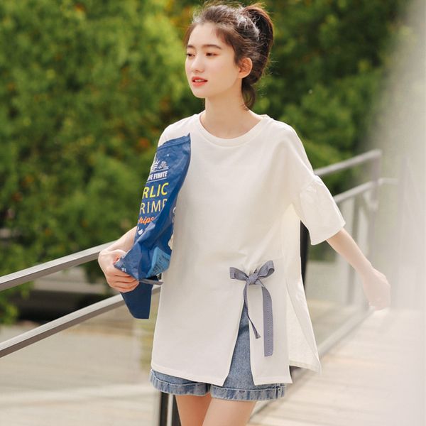 

women's t-shirts japanese kawaii ladies ulzzang solid color bow tie strap t shirt female korean harajuku clothes for women, White