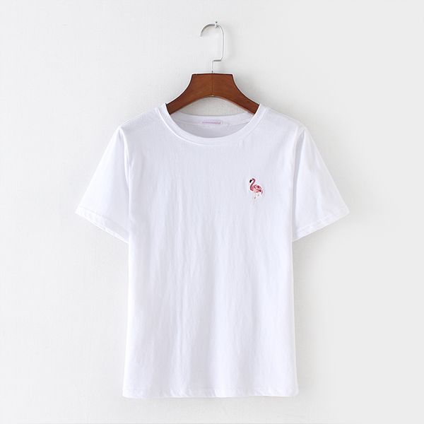 

O-Neck Fashion Women T-Shirt Flamingo Embroidery White Cotton T-Shirts Casual Short Sleeve Tops Camiseta Female Size S -Xl
