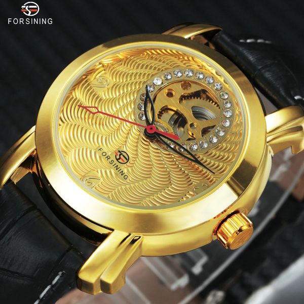 

forsining luxury men women mechanical watches 2017 fashion lover's gift crystal decoration delicate dial louvre series hollow, Slivery;brown