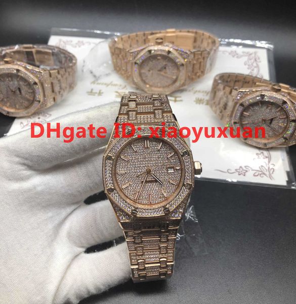 

Полный полный алмазов часы 15452BC 15202bc розовое золото из нержавеющей стали механизм