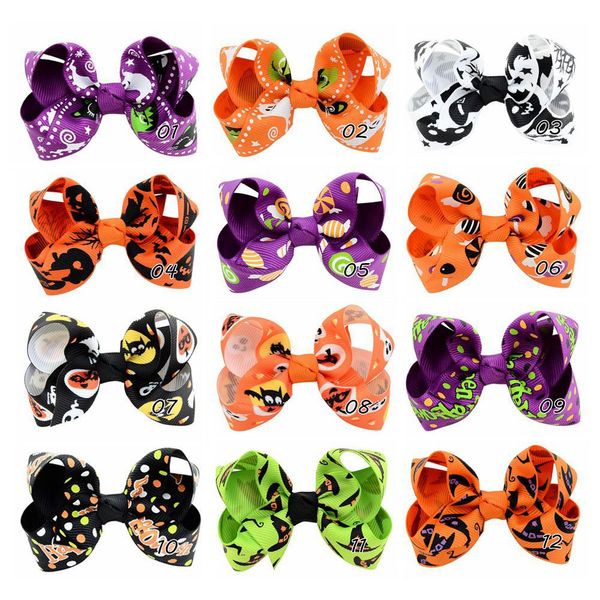 

12 pcs 3.15 inch halloween grosgrain ribbon bows with clip ghost pumpkin pinwheel hair clips hair pin accessories hd751, Slivery;white