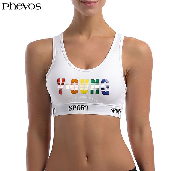 

phevos fitness yoga push up sports bra for running gym rainbow letter print woman padded sport bra wire breathable crop top, White;black