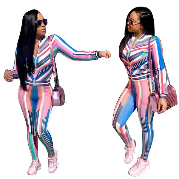 

Womens Casual Fashion Autumn Striped Print Long Sleeved Two-piece Jogger Set Ladies Fall Tracksuit Sweat Suits New