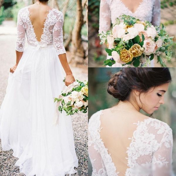 

2018 new chiffon v-neck country style a-line long wedding dresses 3/4 sleeves low v back beach bridal wedding gowns custom made, White