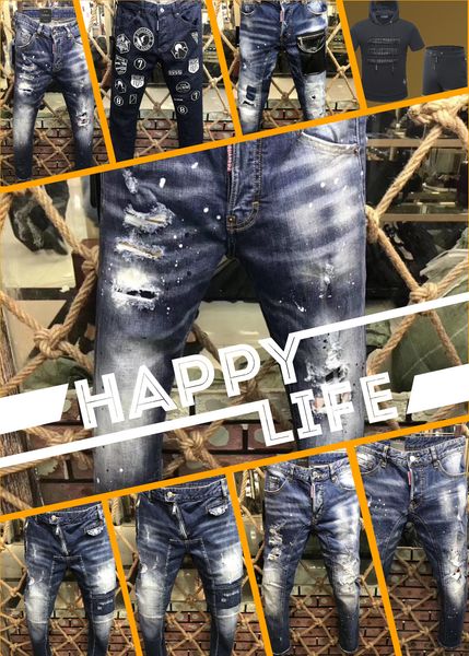 

man 2018 summer men's slim jeans shorts hole patch jeans locomotive times throwing paint beach pants blue