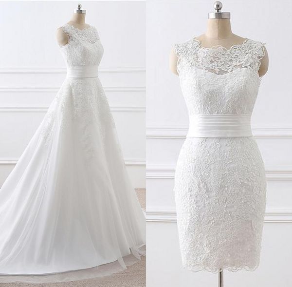 

2018 Lace Appliqued Modest Wedding Dresses With Detachable Skirt Scoop Neckline Sleeveless Two In One Bridal Dresses Wedding Gown